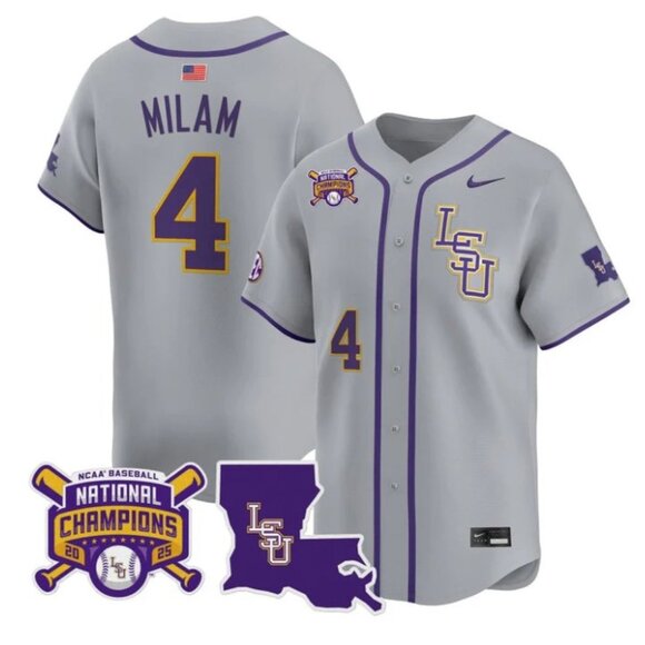 Mens Youths Kids Womens Steven Milam LSU Tigers 2025 CH Stitched Jersey Gray